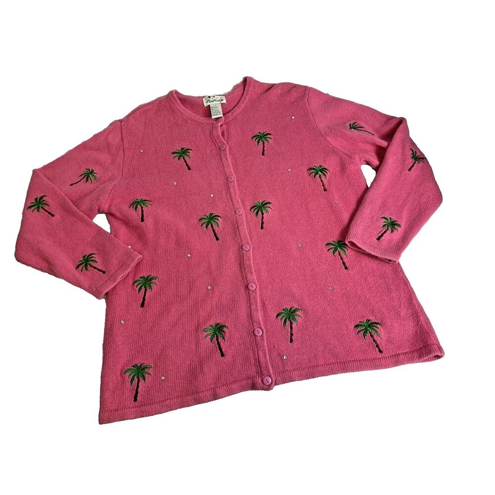 VTG Quacker Factory Pink Embroidered Palm Tree Embellished Ramie Cardigan Size L